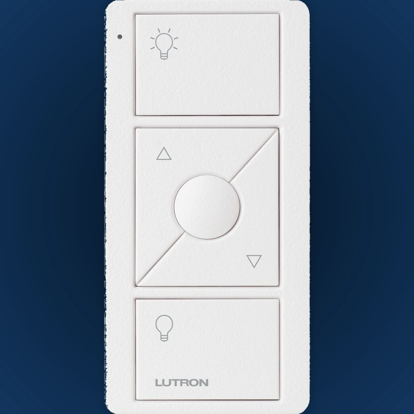 White Lutron Pico three-button remote with raise and lower control
