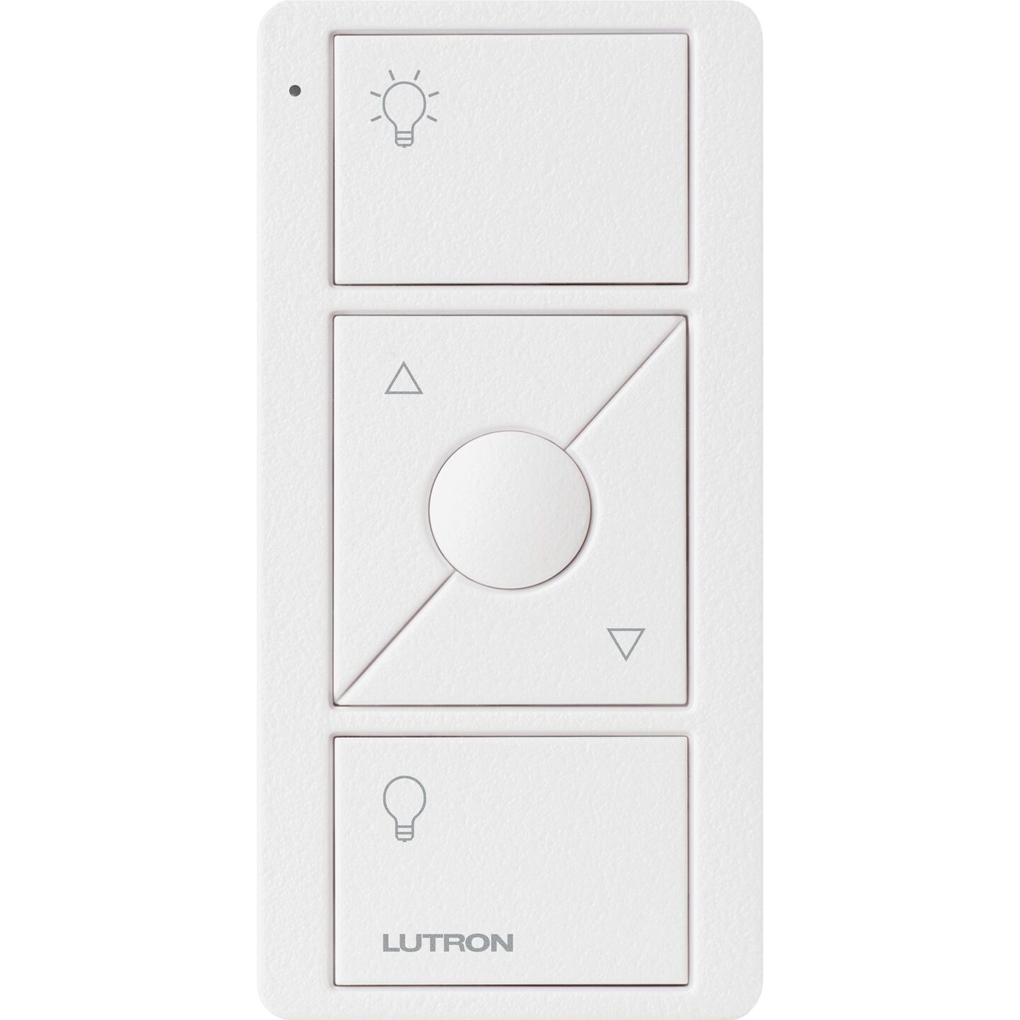 White Lutron Pico three-button remote with raise and lower control