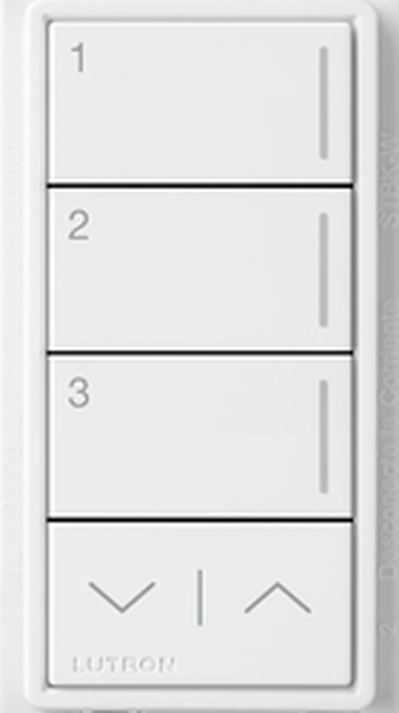 Front view of a white Lutron Sunnata three-button keypad with raise and lower controls
