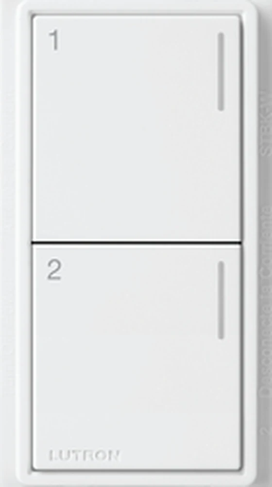 Front view of a white Lutron Sunnata two-button keypad