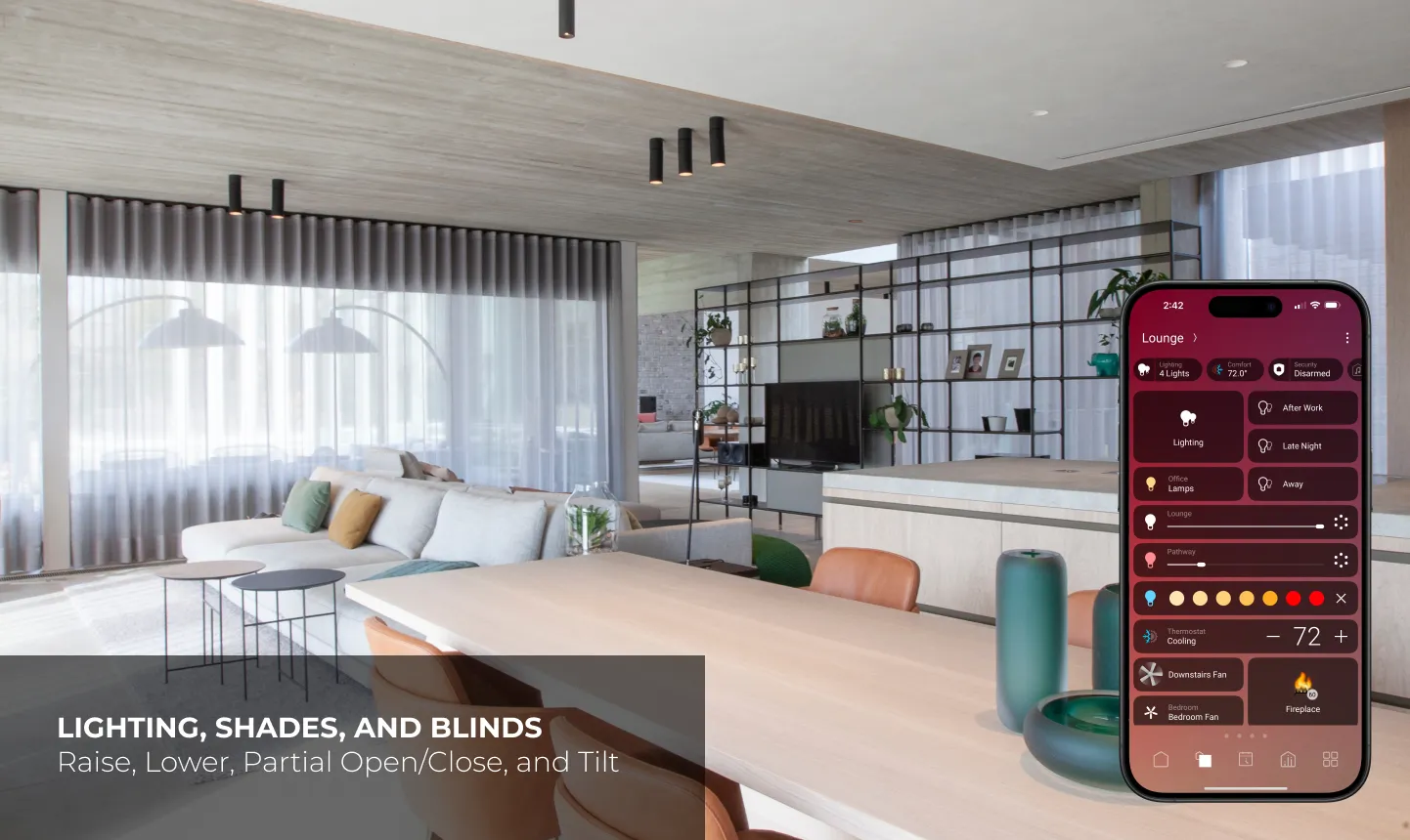 Motorized drapery and shades controlled from the Control4 app in a modern living space