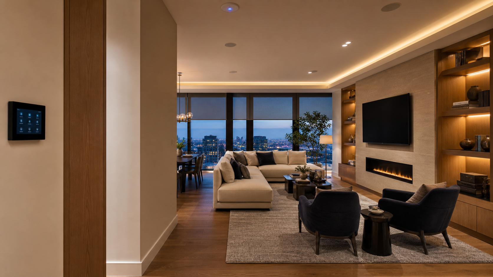 Warm modern living room with integrated lighting, shades, audio, WiFi and touchscreen control