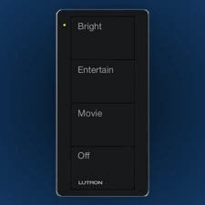 Black Lutron Pico four-button scene control labeled Bright, Entertain, Movie and Off