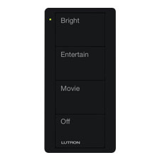 Black Lutron Pico four-button scene control labeled Bright, Entertain, Movie and Off