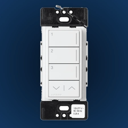 White Lutron Sunnata three-button keypad with raise and lower controls