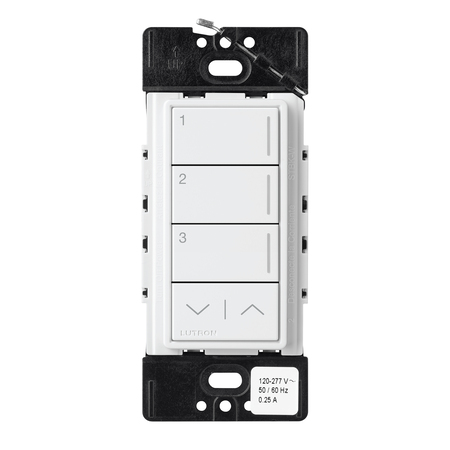 White Lutron Sunnata three-button keypad with raise and lower controls