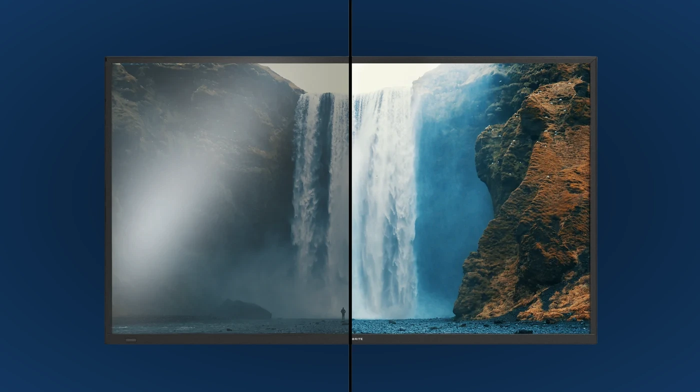Outdoor TV brightness comparison demonstrating glare and improved visibility