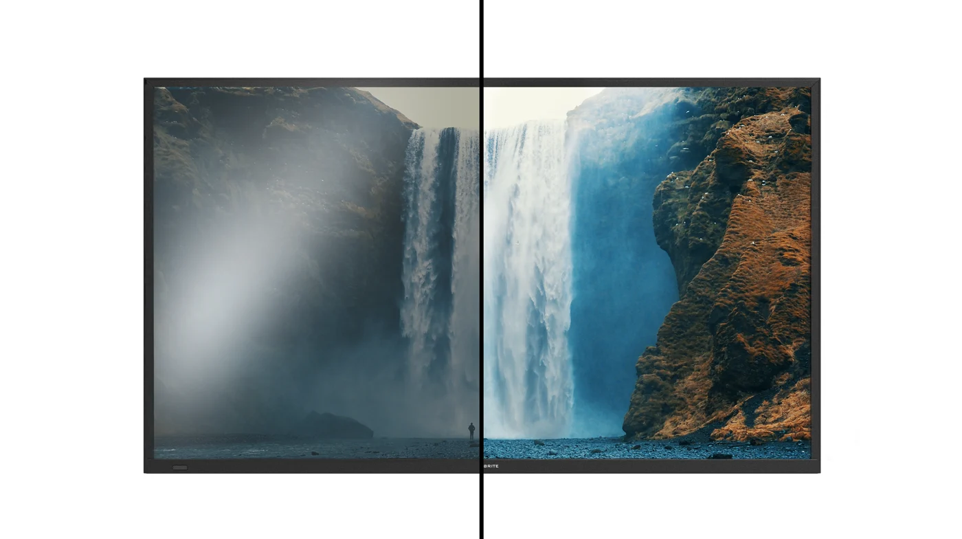 Outdoor TV brightness comparison demonstrating glare and improved visibility
