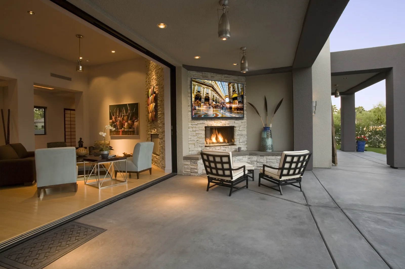 SunBrite television installed in a fully covered shaded patio