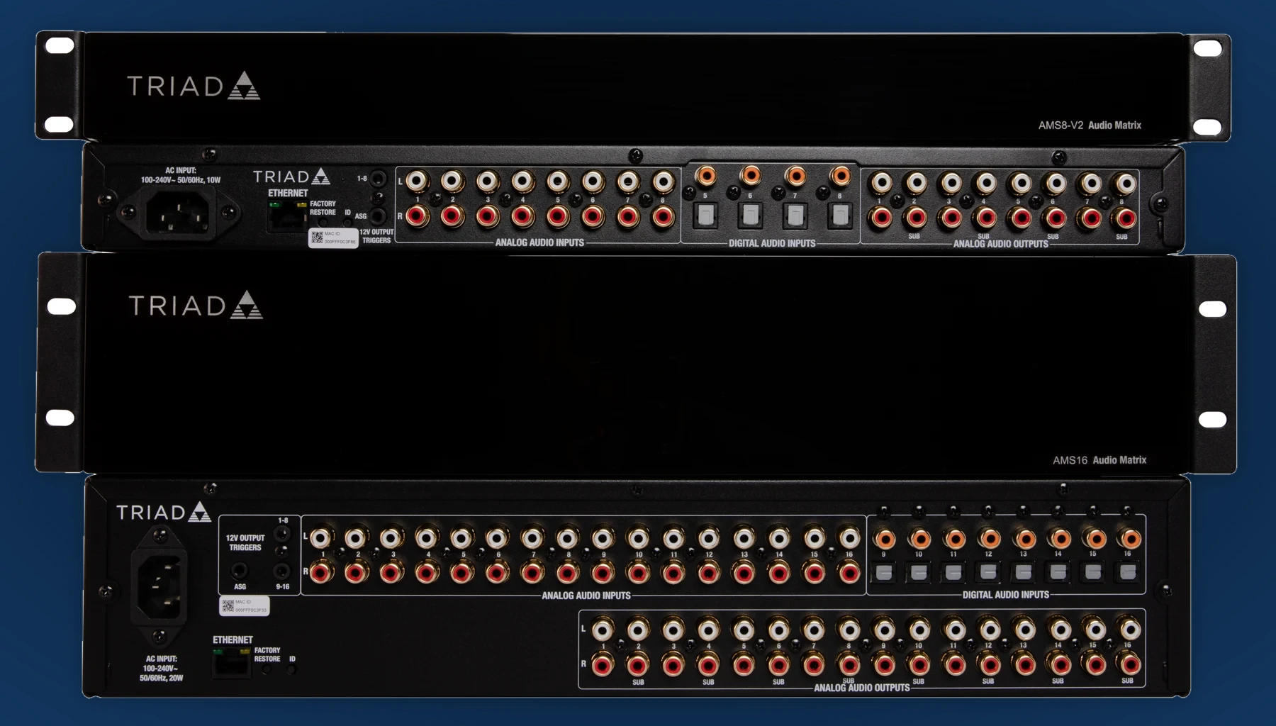 Triad AMS8-V2 and AMS16 front and rear connection comparison