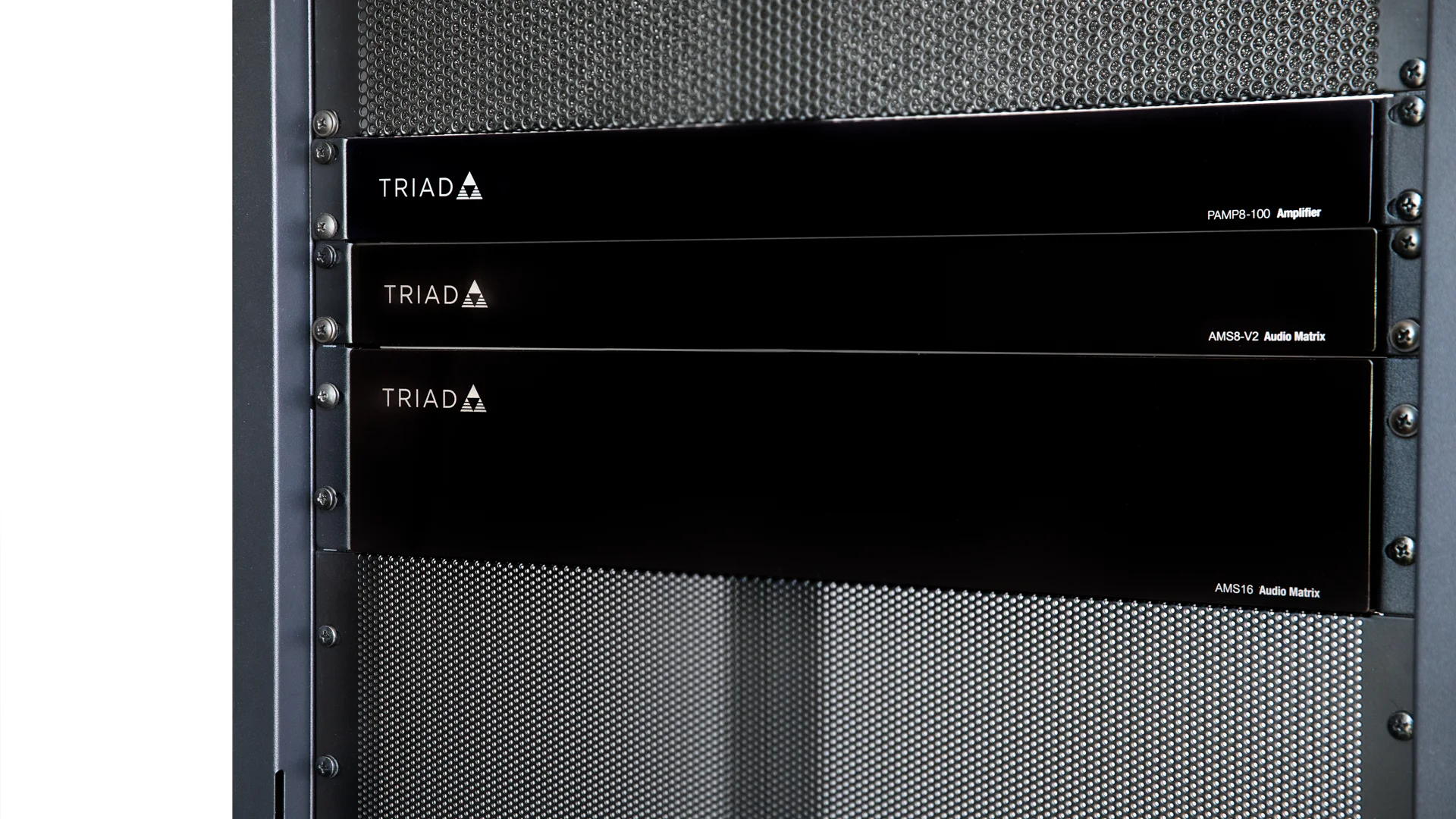 Triad AMS8-V2 and AMS16 audio matrices installed with a Triad amplifier in an AV rack