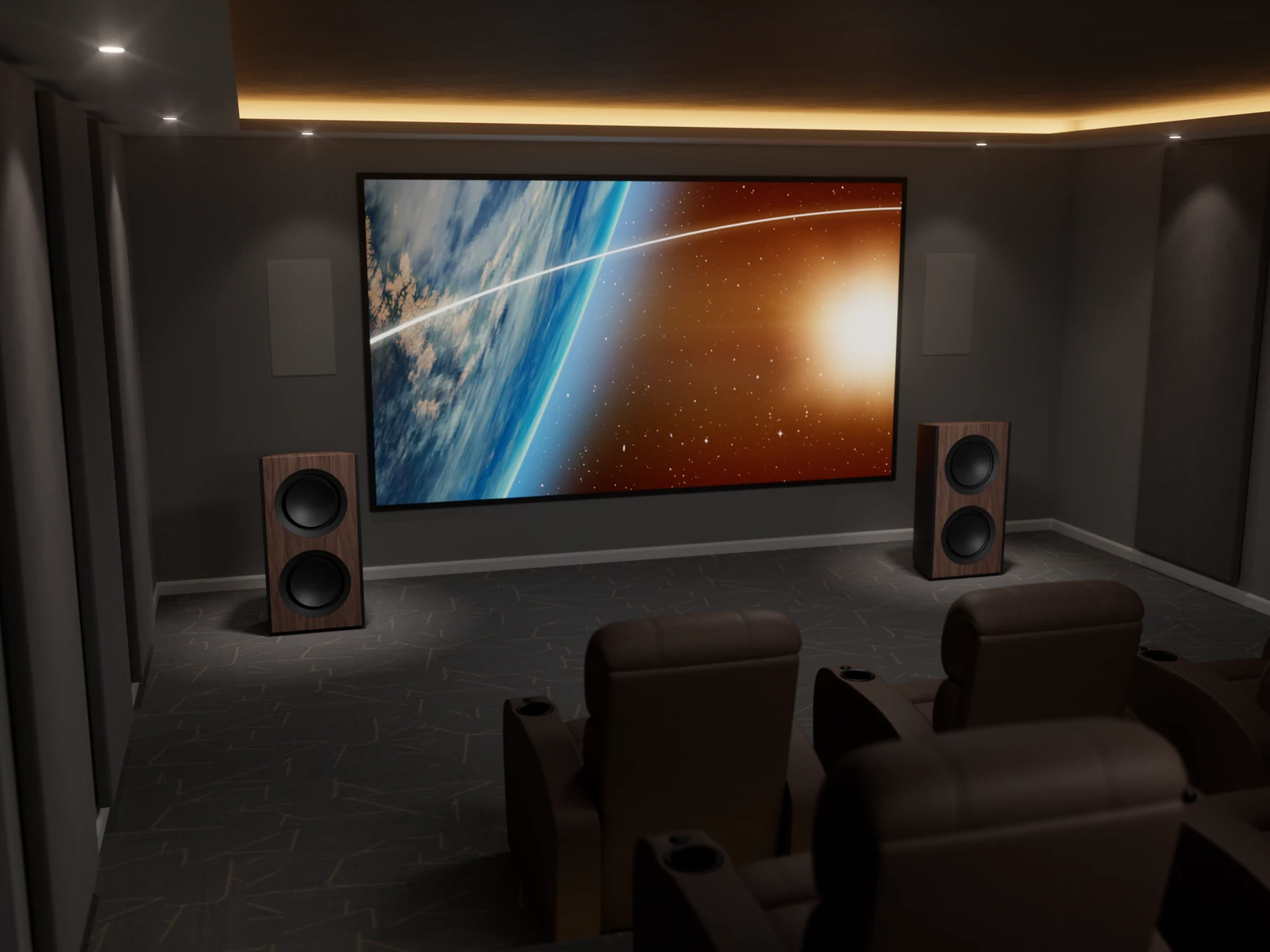 Finished private home theater with a large projection screen and concealed Triad speakers