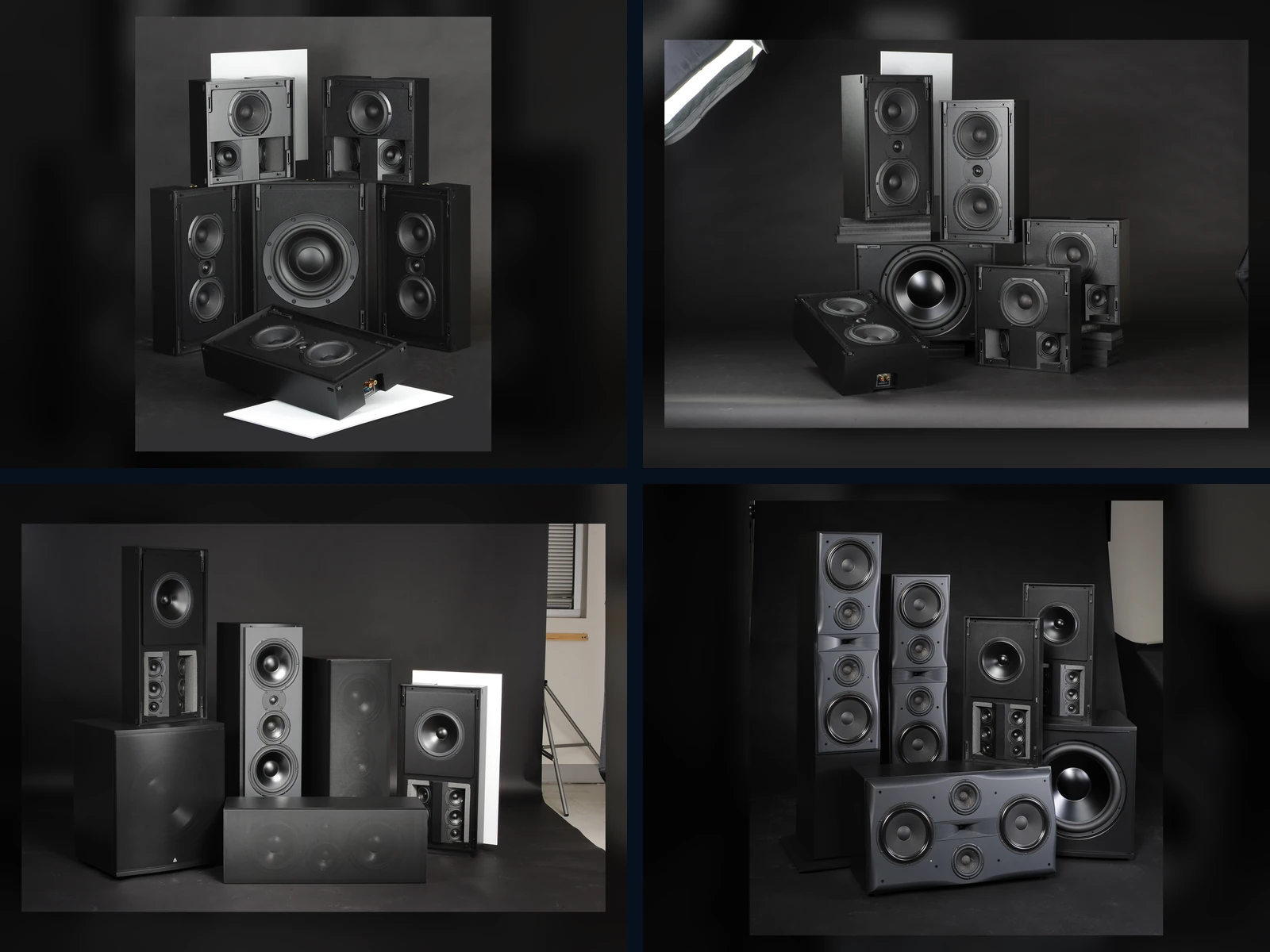 Triad Bronze, Silver, Gold and Platinum home theater speaker families shown side by side