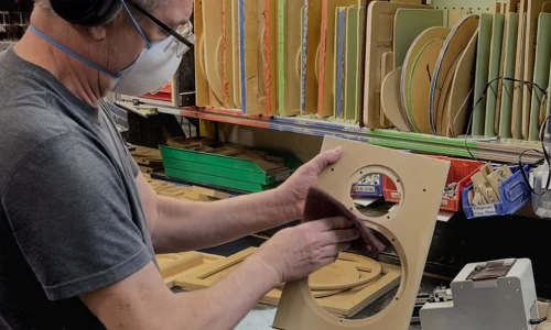 Triad technician hand-building a speaker cabinet in Portland