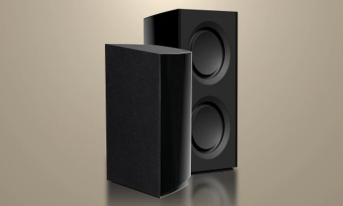 Triad powered subwoofer shown with grille installed and dual drivers exposed