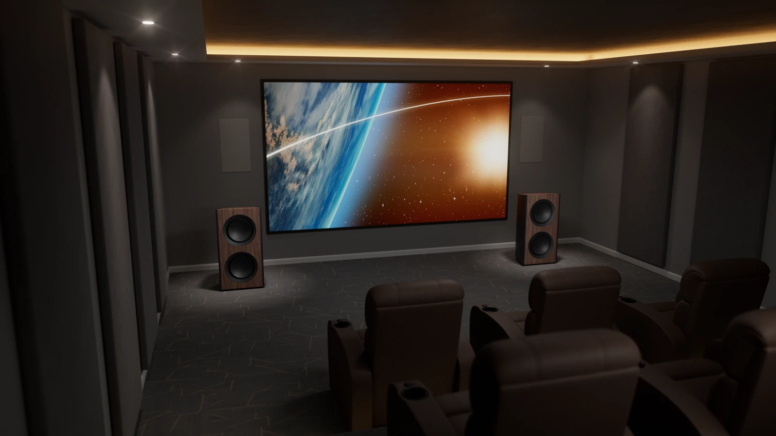 Dedicated home theater with two Triad powered subwoofers flanking the projection screen