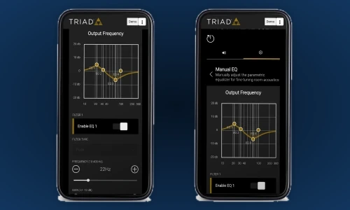 Triad powered subwoofer DSP control interface on a phone