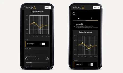 Triad powered subwoofer DSP control interface on a phone