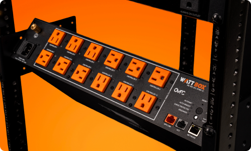 WattBox 900 mounted at the rear of an AV rack