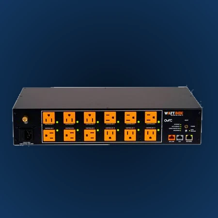 Rear view of WattBox 900 with twelve labeled orange outlets