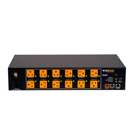 Rear view of WattBox 900 with twelve labeled orange outlets