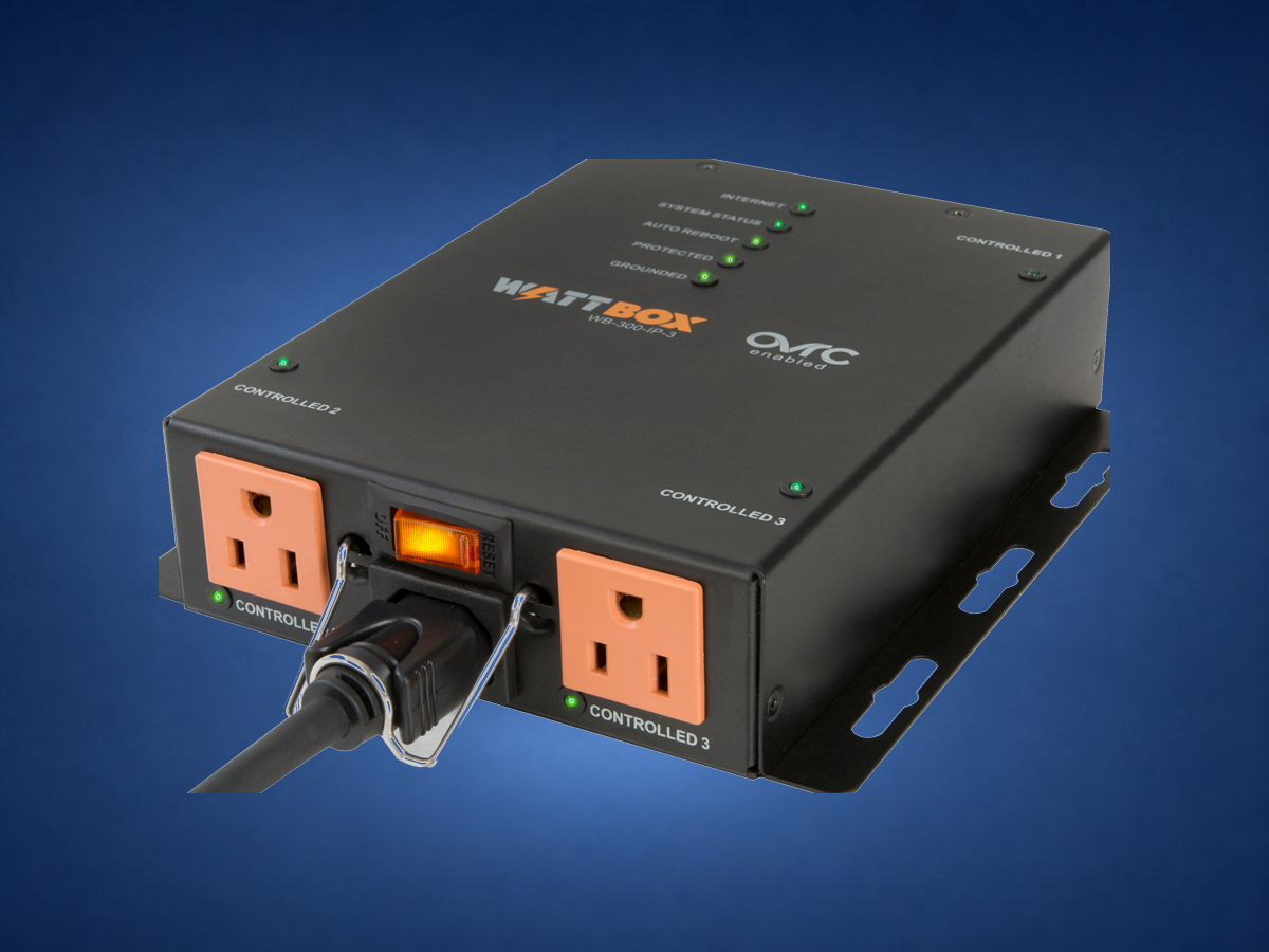 WattBox 300 three-outlet power conditioner on blue