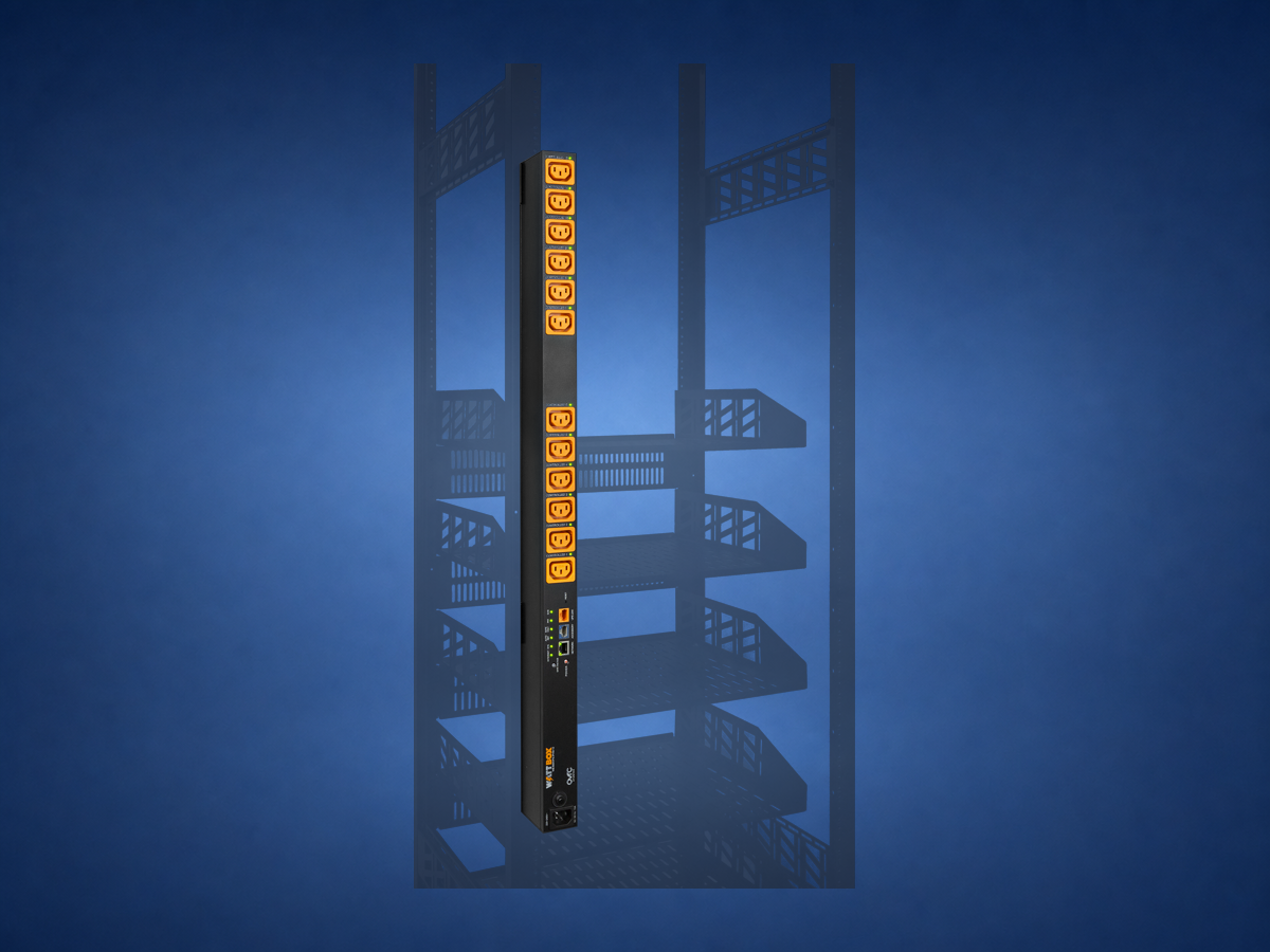 WattBox 800 vertical 12-outlet rack strip on blue