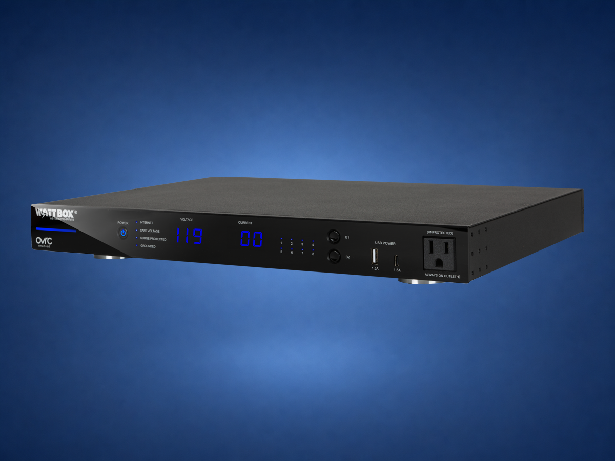 WattBox 820 1U eight-outlet rack power conditioner on blue