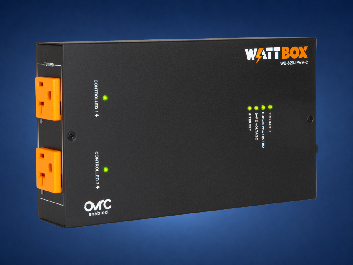 WattBox 820 two-outlet 20 amp unit on blue