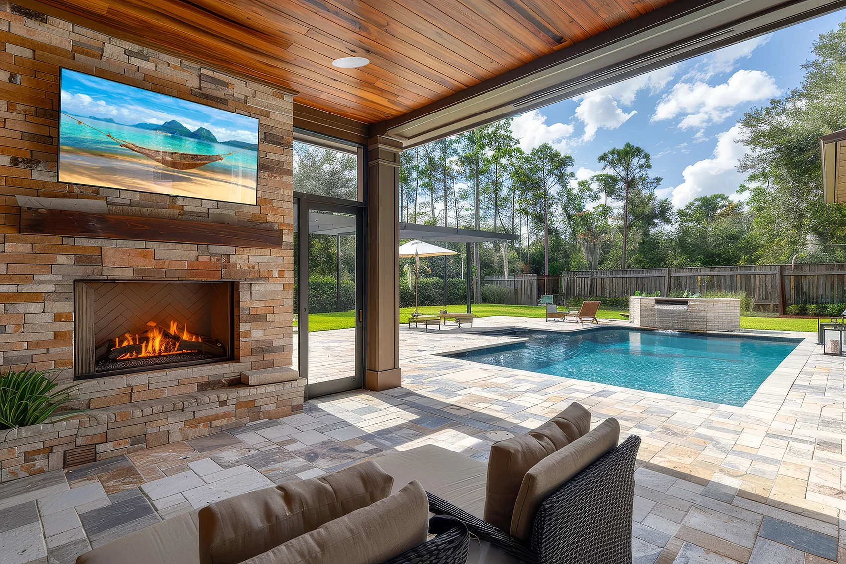 Covered outdoor living area with discreet in-ceiling speakers, television, fireplace, and pool