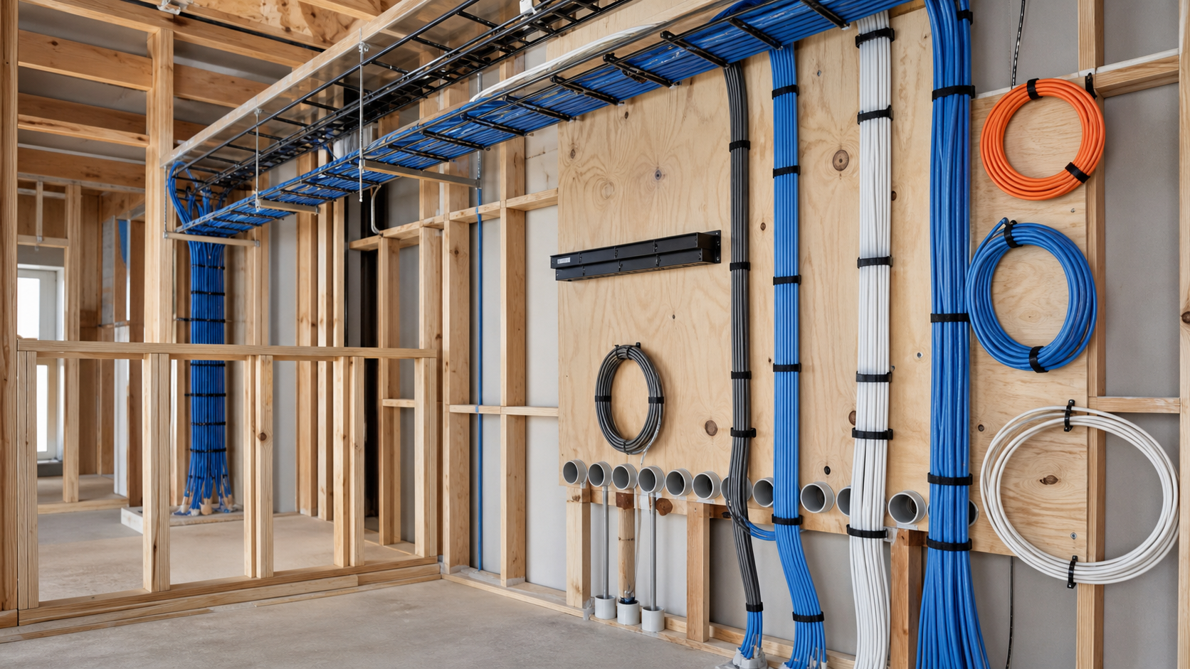 Organized low-voltage cable bundles and pathways during luxury-home construction
