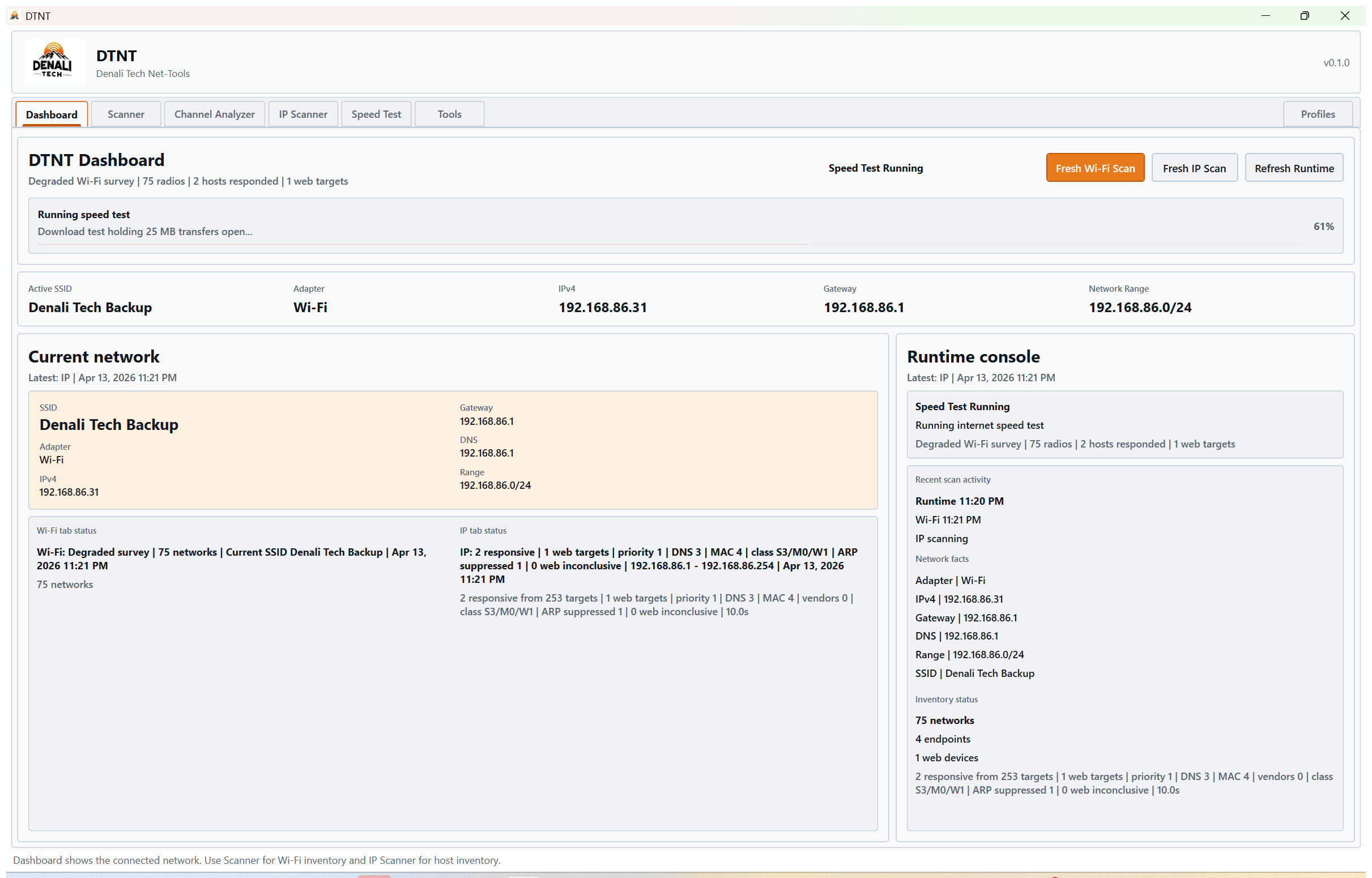 DTNT dashboard showing active network details