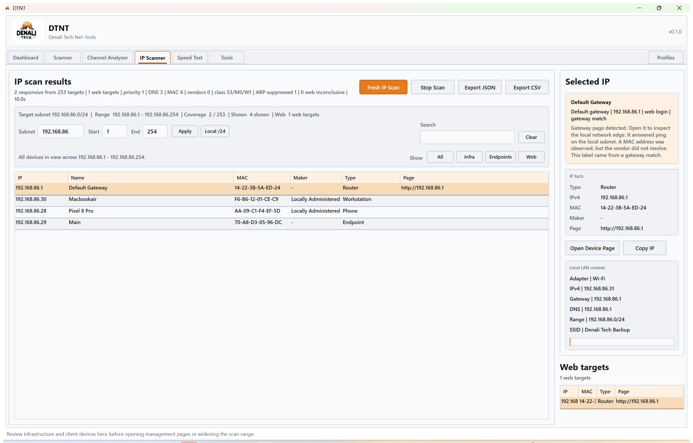 DTNT IP scanner showing live device discovery on the local network