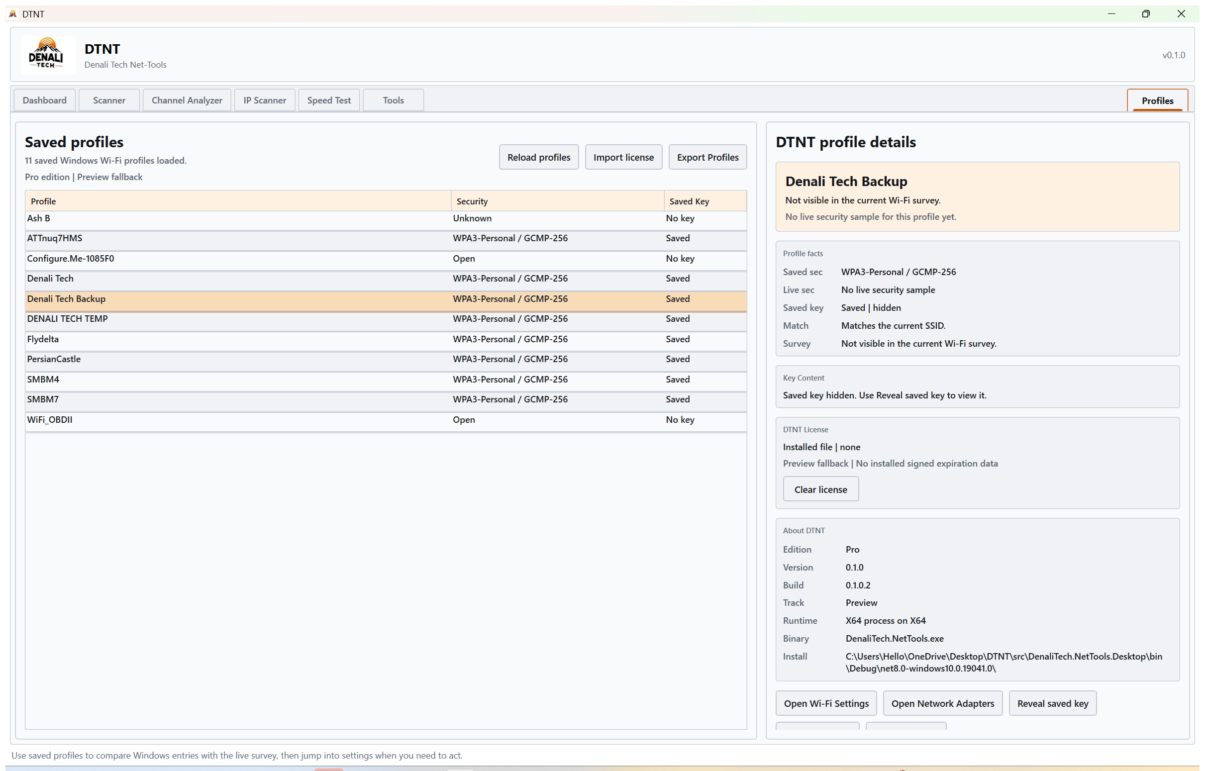 DTNT profiles workspace for saved Wi-Fi profile and activation details