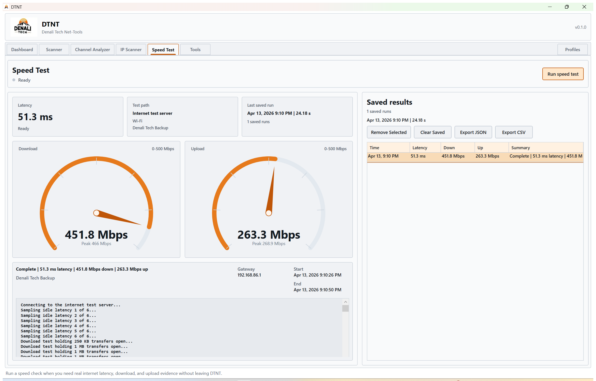 DTNT speed-test history showing saved latency, download, and upload results