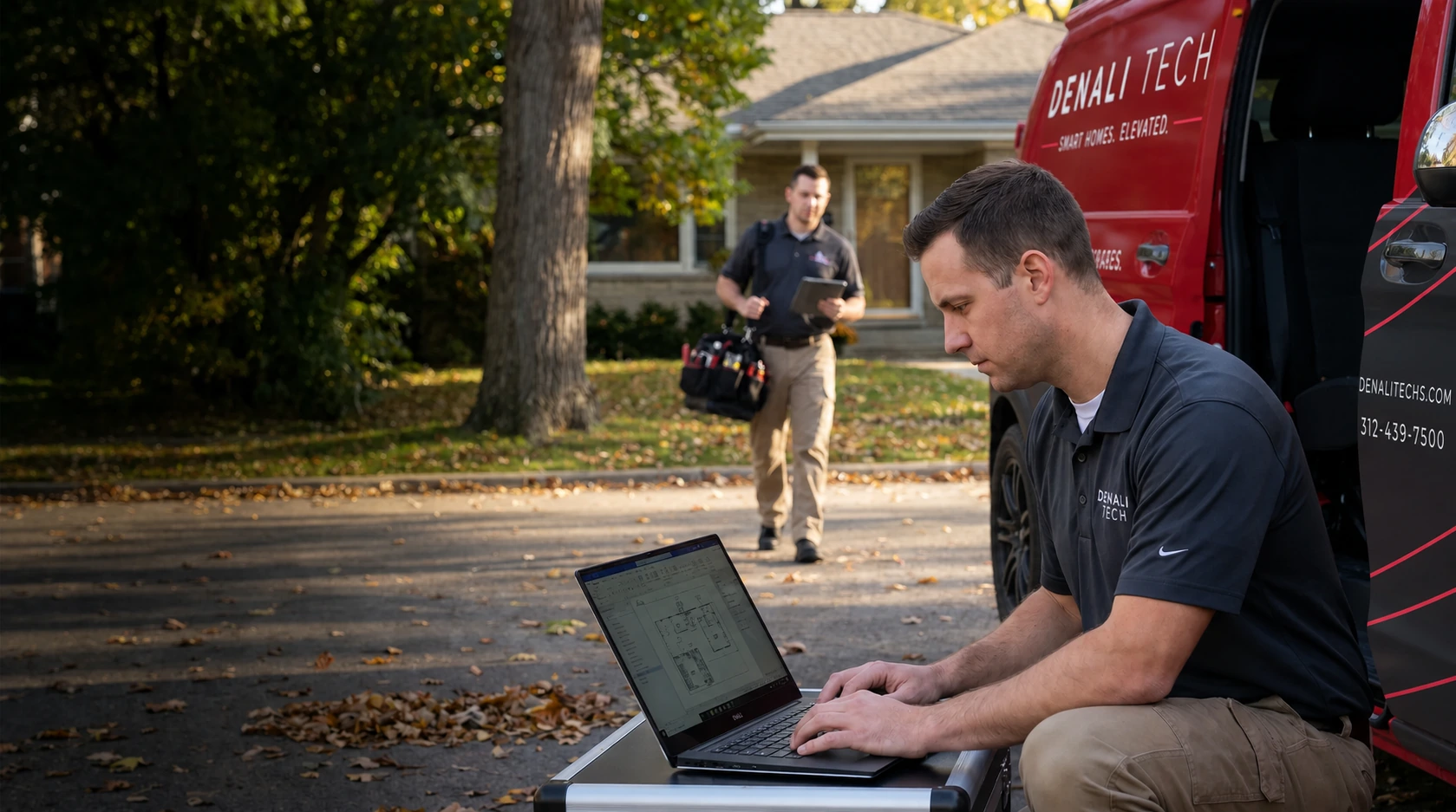 Illustrative Denali Tech network service scene beside the newly wrapped van