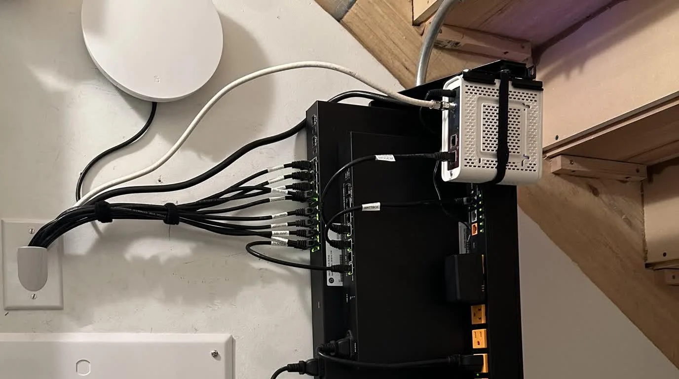 Real home network rack with router, switch, power management, and WiFi equipment