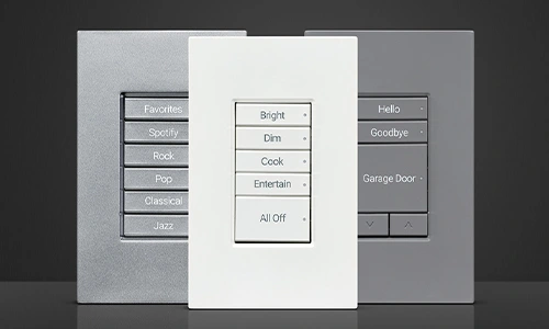 Three complete Contemporary keypads showing narrow scene buttons, mixed button heights and paired adjustment arrows