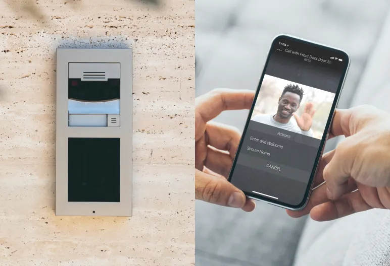 Manufacturer example of an entrance door station and a phone receiving a visitor video call
