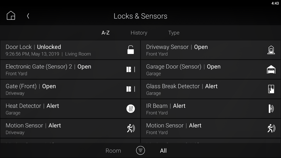 Manufacturer Locks and Sensors screen showing separate gate and garage-door sensor entries