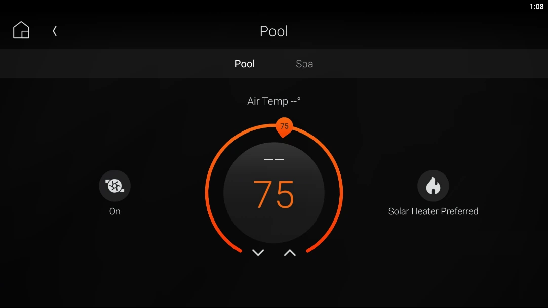 Control4 documented pool screen with Pool and Spa tabs, a target-temperature dial, pump mode and heater selection