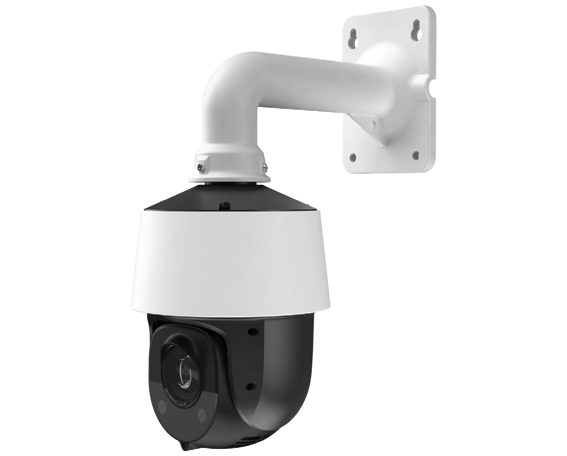 White LUM-420-IP-PTZ-25W camera with its full wall-mount bracket