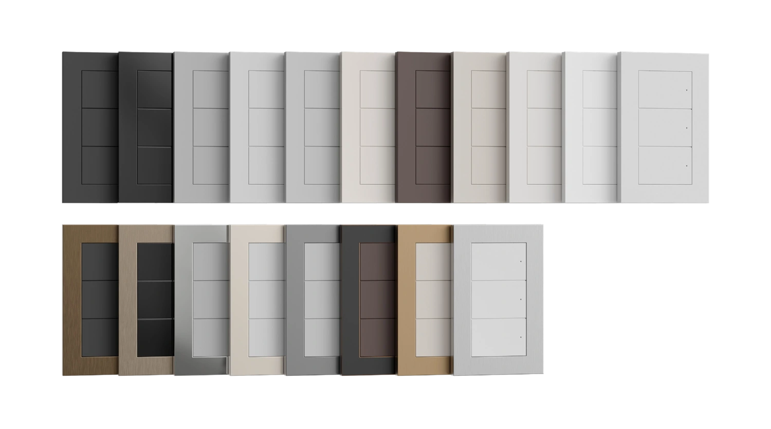 Manufacturer lineup of Lux keypads with light, dark and metallic faceplate combinations, shown completely